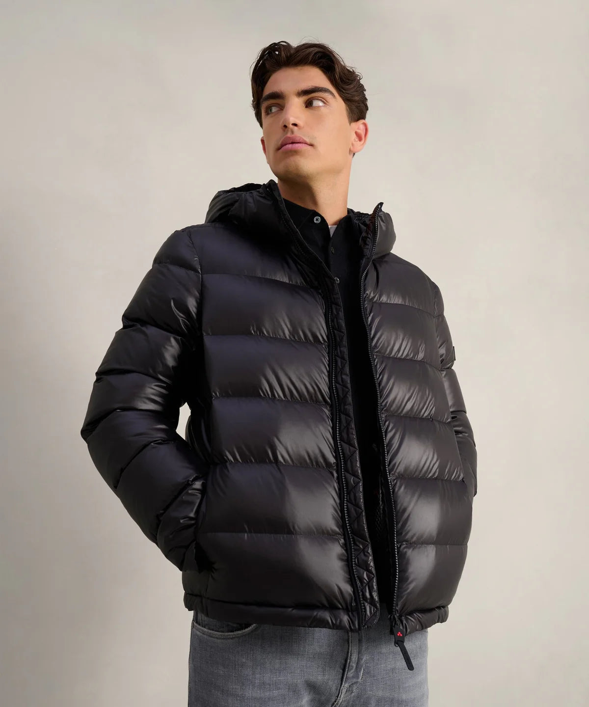 Luxe korte heren donsjas van ultralicht glanzend nylon - Zwart